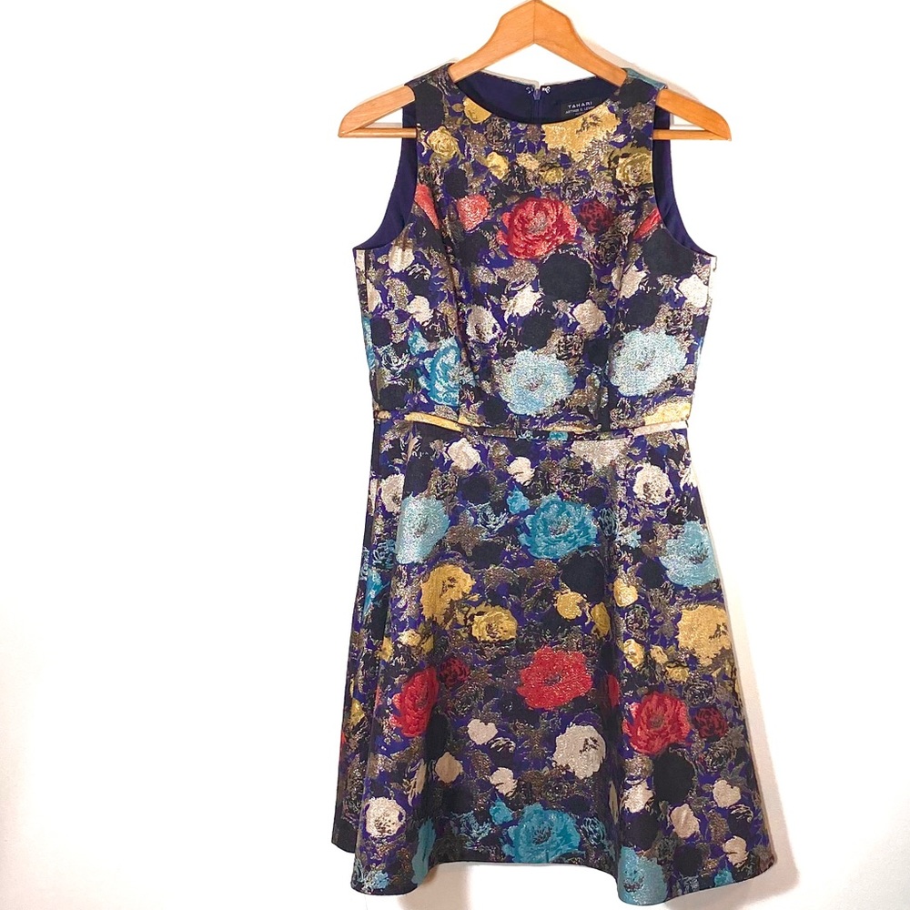 Tahari Metallic Floral Jacquard Fit & Flare Dress